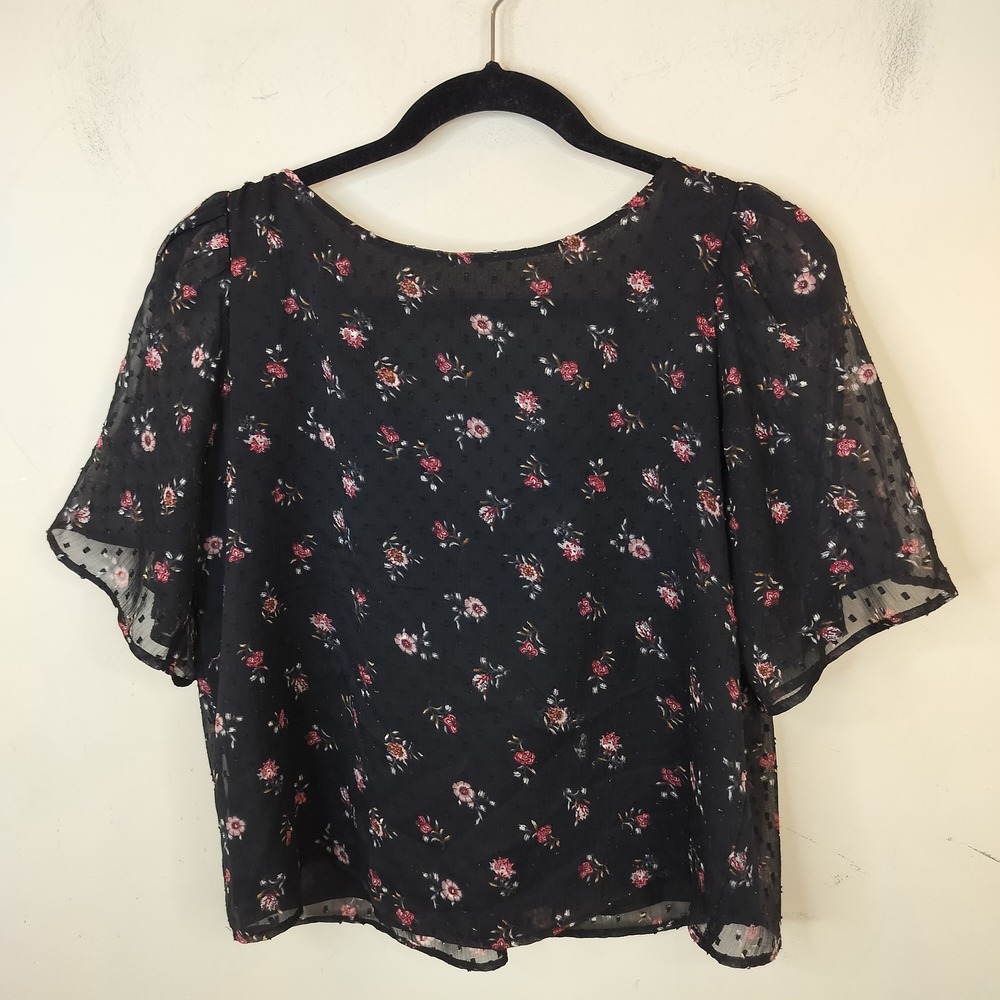 LOFT Floral Blouse Womens Small Flutter Sleeve Tie Back Black Chiffon